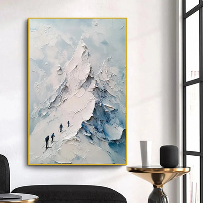 ASCENT: Textured Impasto Mountain Landscape Painting with Skiers | Landscape mood, soft natural light studio shot