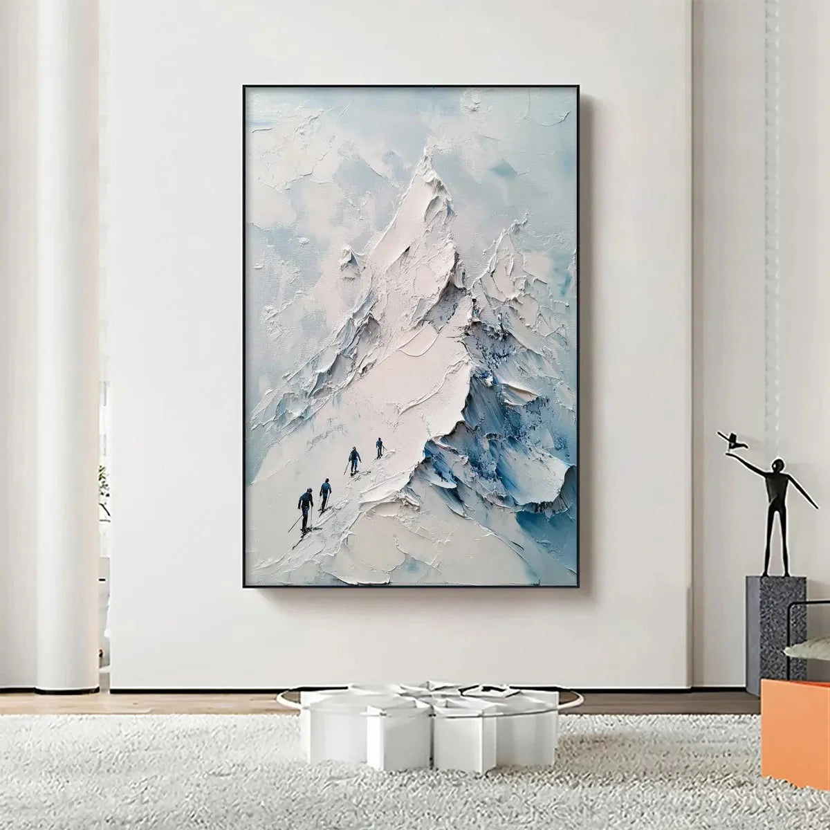 ASCENT: Textured Impasto Mountain Landscape Painting with Skiers | green palette, original Hand-painted on premium stretched canvas using artist-grade oils; rich layered surface combines smooth gra...