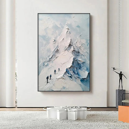 ASCENT: Textured Impasto Mountain Landscape Painting with Skiers | green palette, original Hand-painted on premium stretched canvas using artist-grade oils; rich layered surface combines smooth gra...