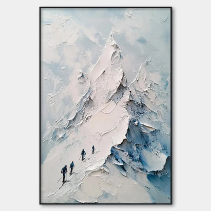 ASCENT: Textured Impasto Mountain Landscape Painting with Skiers | hanging in ASCENT: Textured Impasto Mountain Landscape Painting with Skiers featuring layered textured brushwork in refined tones;...