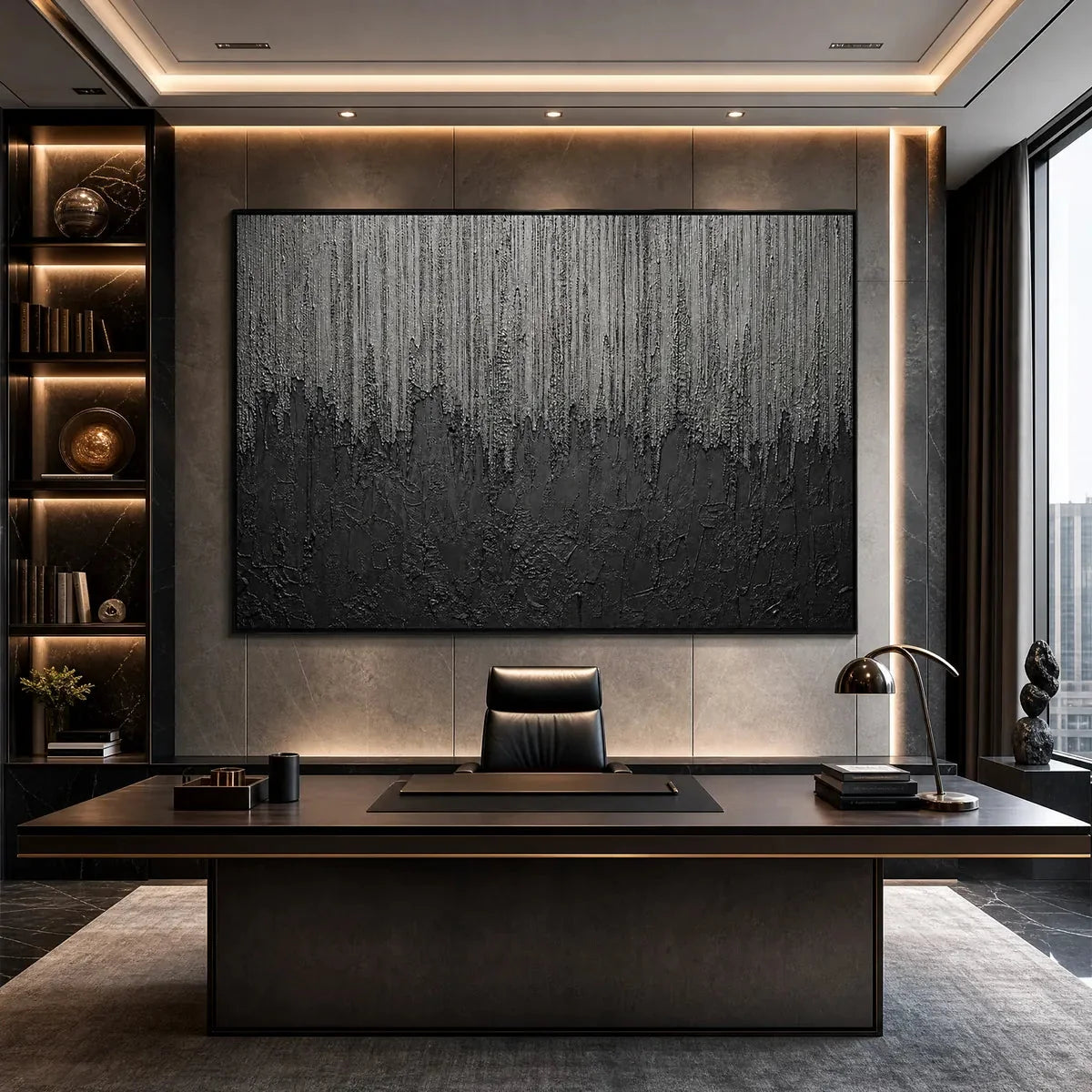 ASHEN CASCADE: Large Textured Black and Grey Abstract Wall Art | Abstract closeup, raised brushwork detail