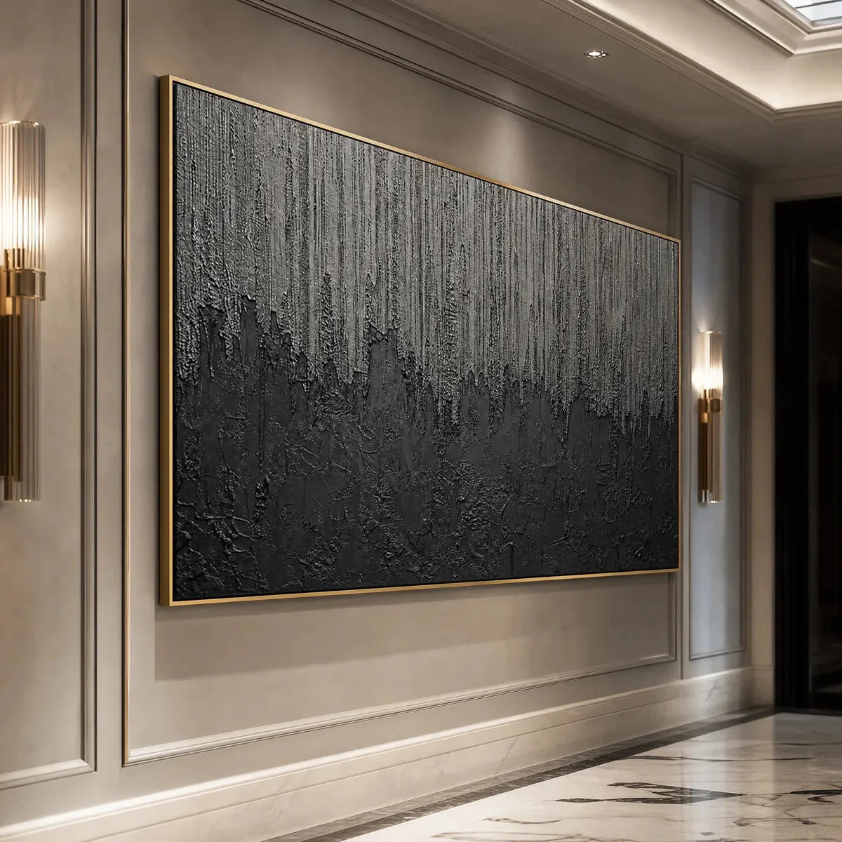 ASHEN CASCADE: Large Textured Black and Grey Abstract Wall Art | gold frame stretched on neutral wall