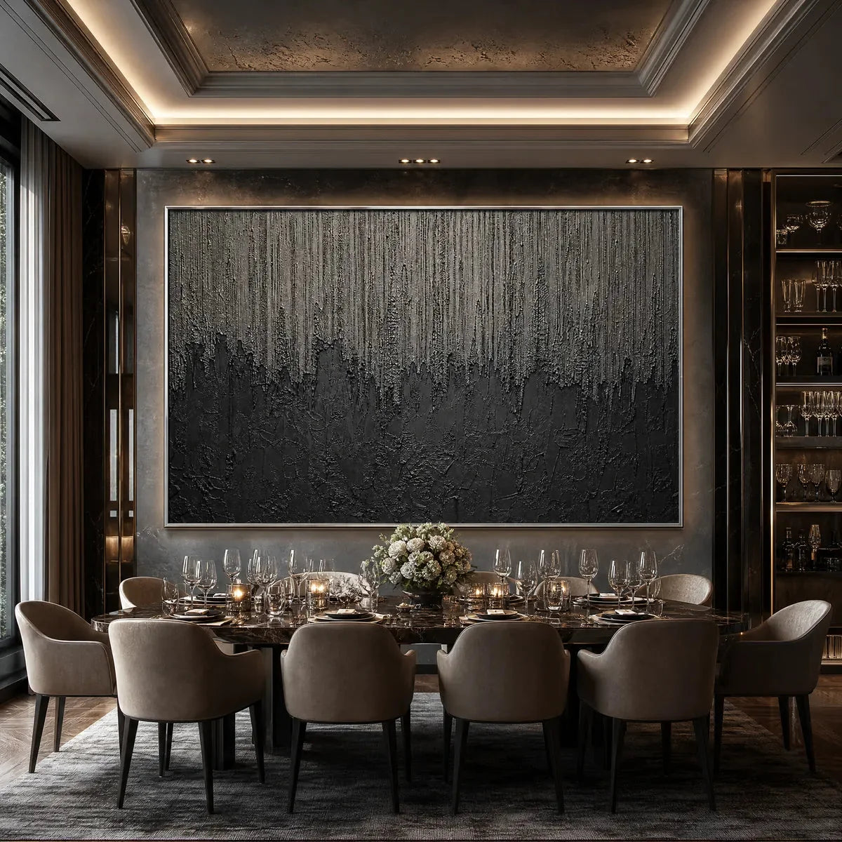 ASHEN CASCADE: Large Textured Black and Grey Abstract Wall Art | rolled canvas, ready for custom framing