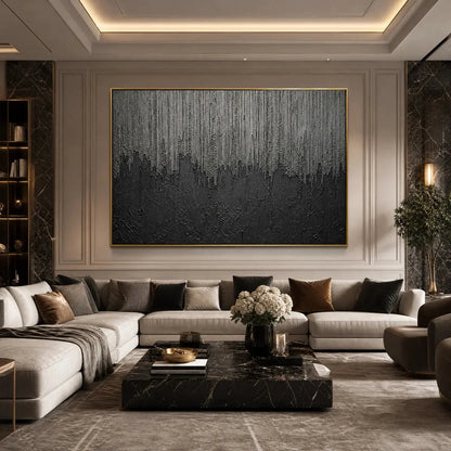 ASHEN CASCADE: Large Textured Black and Grey Abstract Wall Art | black frame version on white wall