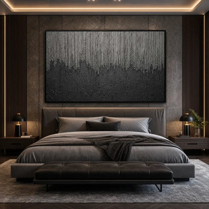 ASHEN CASCADE: Large Textured Black and Grey Abstract Wall Art | Abstract mood, soft natural light studio shot