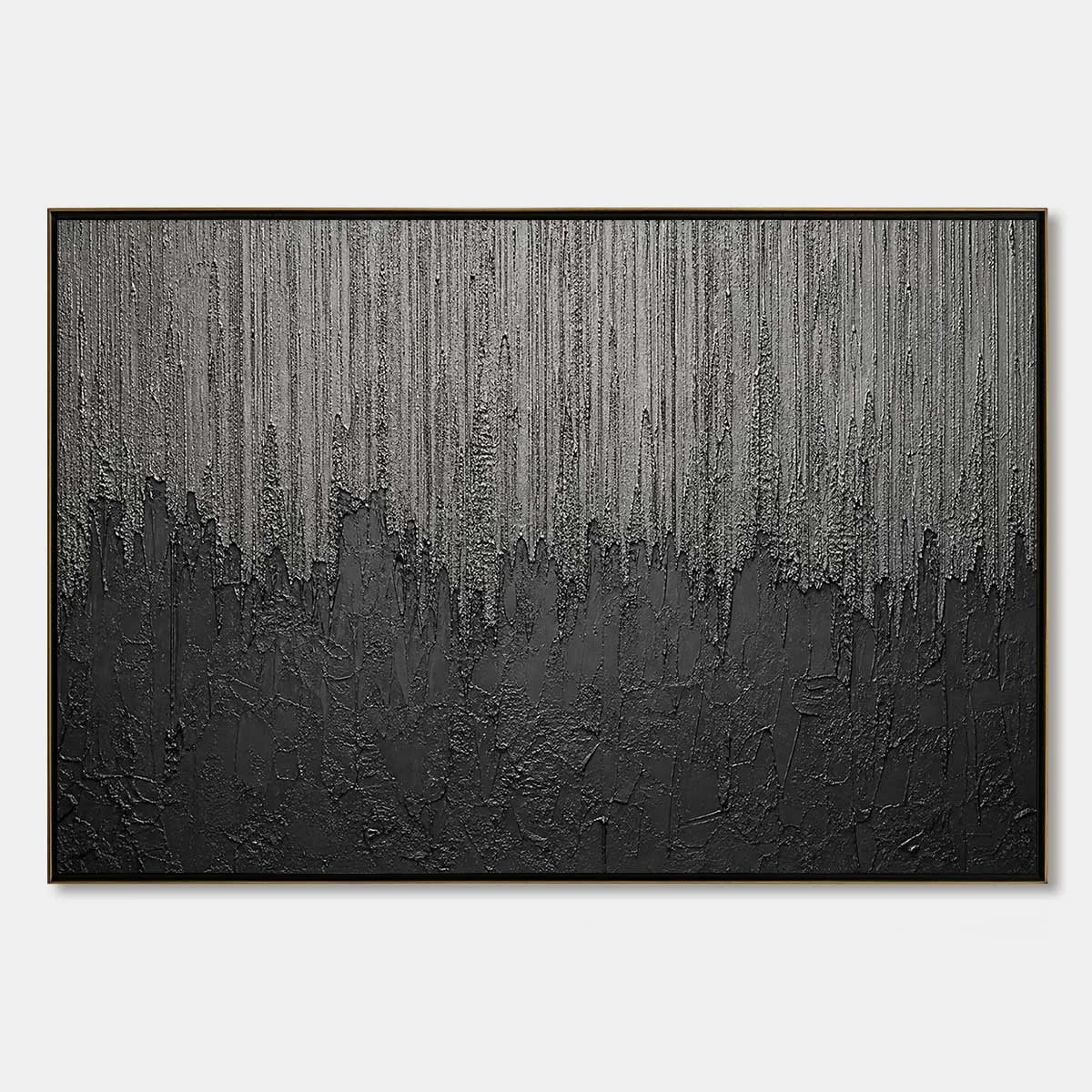ASHEN CASCADE: Large Textured Black and Grey Abstract Wall Art | hanging in ASHEN CASCADE: Large Textured Black and Grey Abstract Wall Art featuring layered textured brushwork in refined tones; abs...