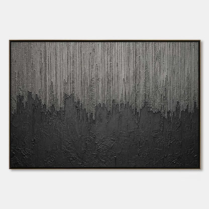 ASHEN CASCADE: Large Textured Black and Grey Abstract Wall Art | hanging in ASHEN CASCADE: Large Textured Black and Grey Abstract Wall Art featuring layered textured brushwork in refined tones; abs...