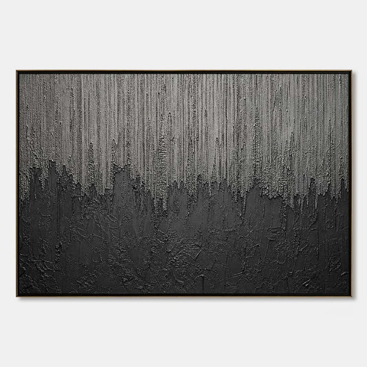 ASHEN CASCADE: Large Textured Black and Grey Abstract Wall Art | hanging in ASHEN CASCADE: Large Textured Black and Grey Abstract Wall Art featuring layered textured brushwork in refined tones; abs...