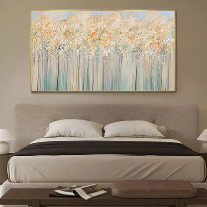 ASPEN GLOW: Panoramic Abstract Forest Landscape Oil Painting | Abstract closeup, raised brushwork detail