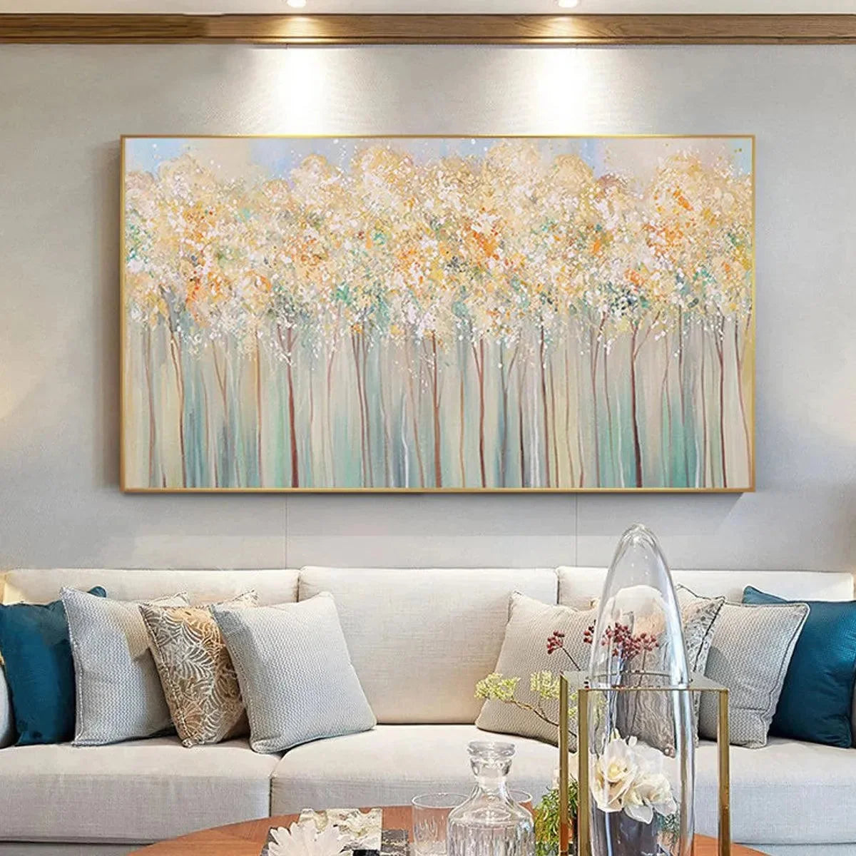 ASPEN GLOW: Panoramic Abstract Forest Landscape Oil Painting | gold frame stretched on neutral wall