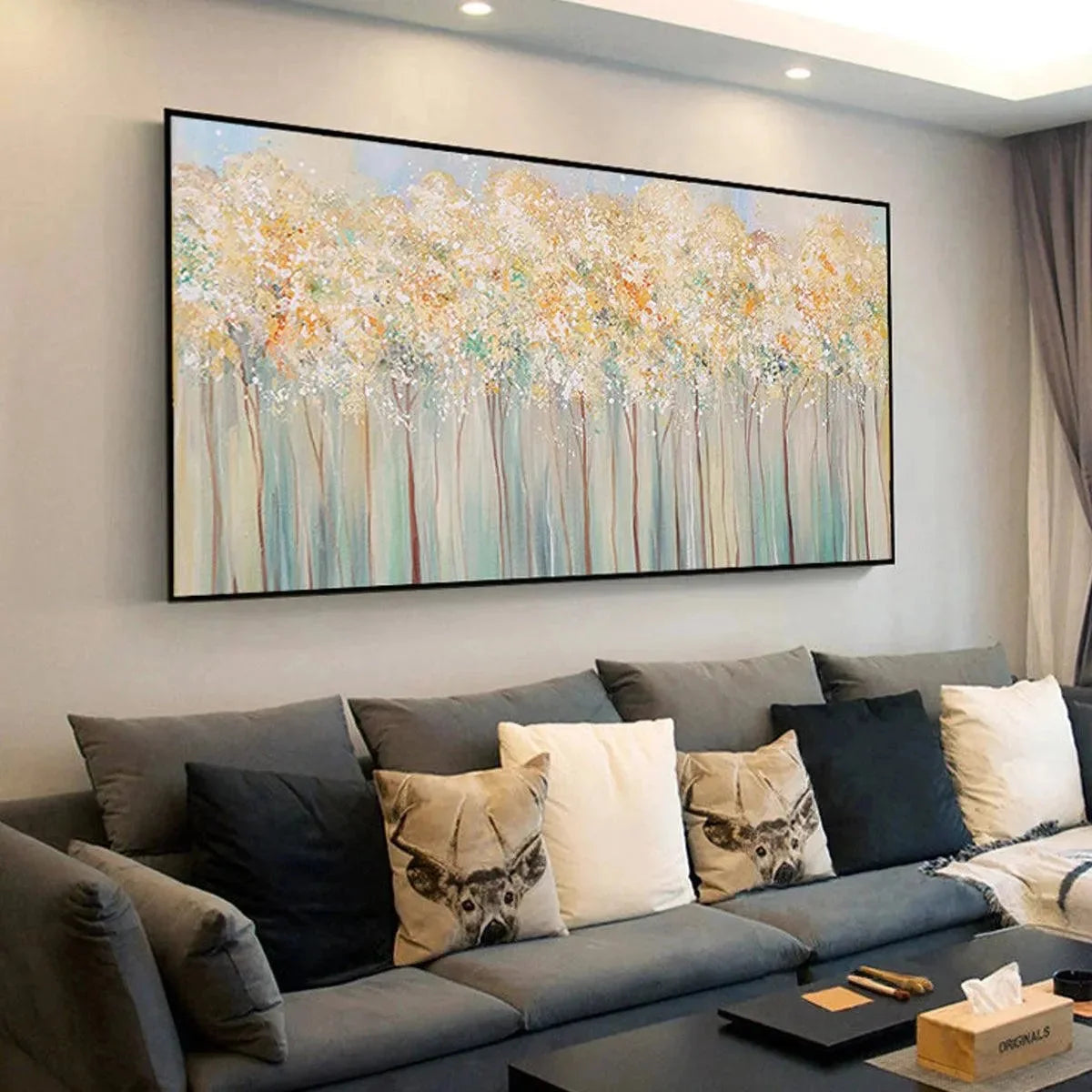 ASPEN GLOW: Panoramic Abstract Forest Landscape Oil Painting | Abstract mood, soft natural light studio shot