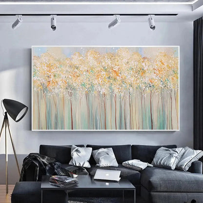 ASPEN GLOW: Panoramic Abstract Forest Landscape Oil Painting | green palette, original Hand-painted on premium stretched canvas using artist-grade oils; rich layered surface combines smooth gradien...