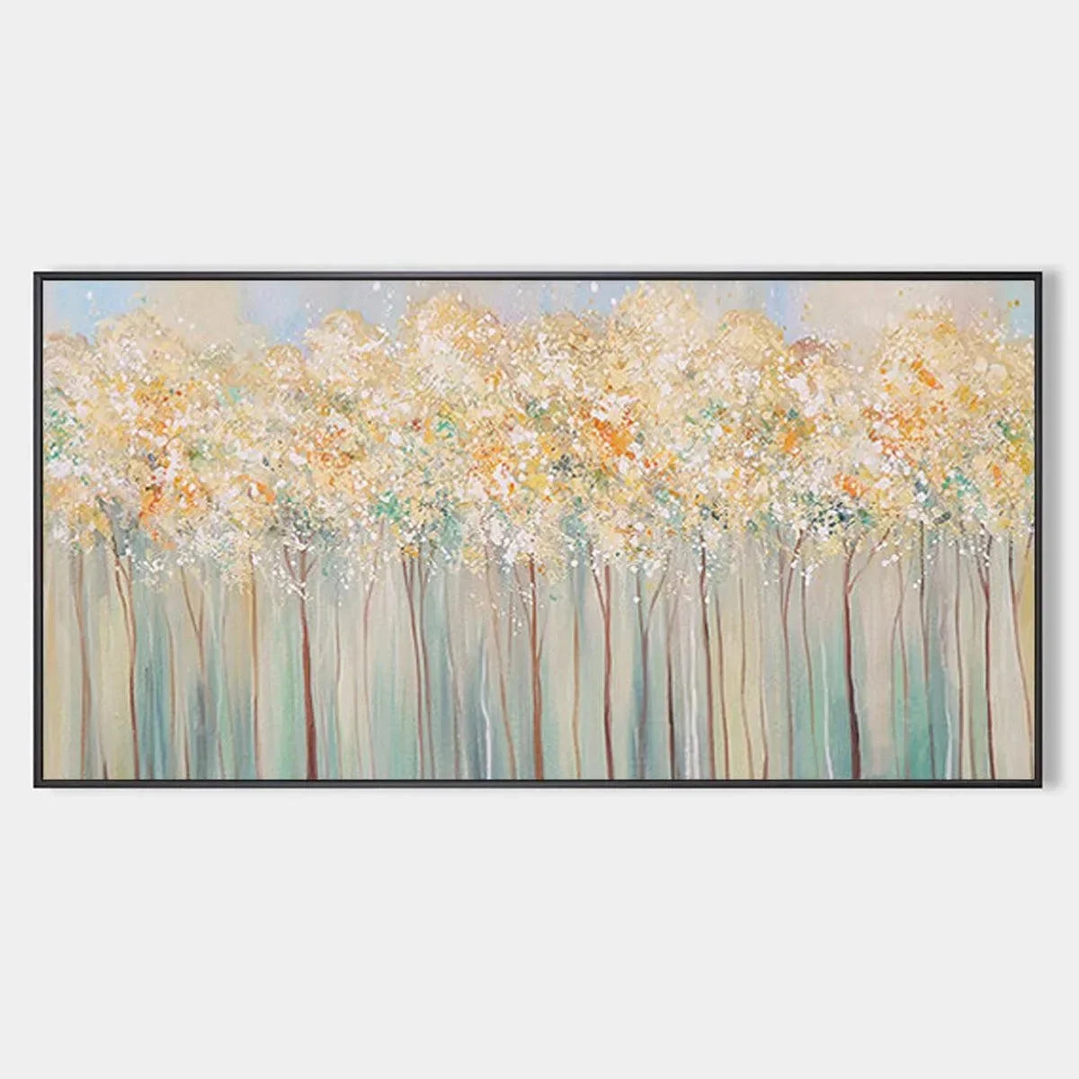 ASPEN GLOW: Panoramic Abstract Forest Landscape Oil Painting | hanging in ASPEN GLOW: Panoramic Abstract Forest Landscape Oil Painting featuring layered textured brushwork in refined tones; abstrac...