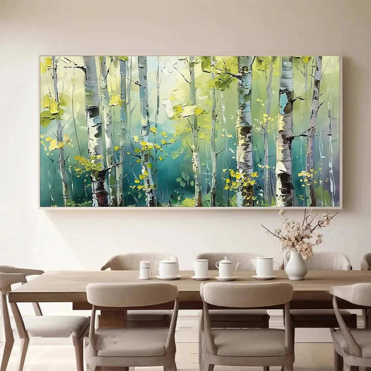ASPEN GROVE: Textured Birch Tree Painting, Green and Yellow Forest Wall Art, Panoramic Canvas, Nature-Inspired Decor | Abstract closeup, raised brushwork detail