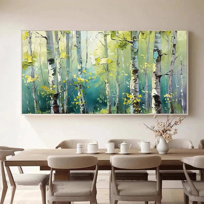 ASPEN GROVE: Textured Birch Tree Painting, Green and Yellow Forest Wall Art, Panoramic Canvas, Nature-Inspired Decor | Abstract closeup, raised brushwork detail