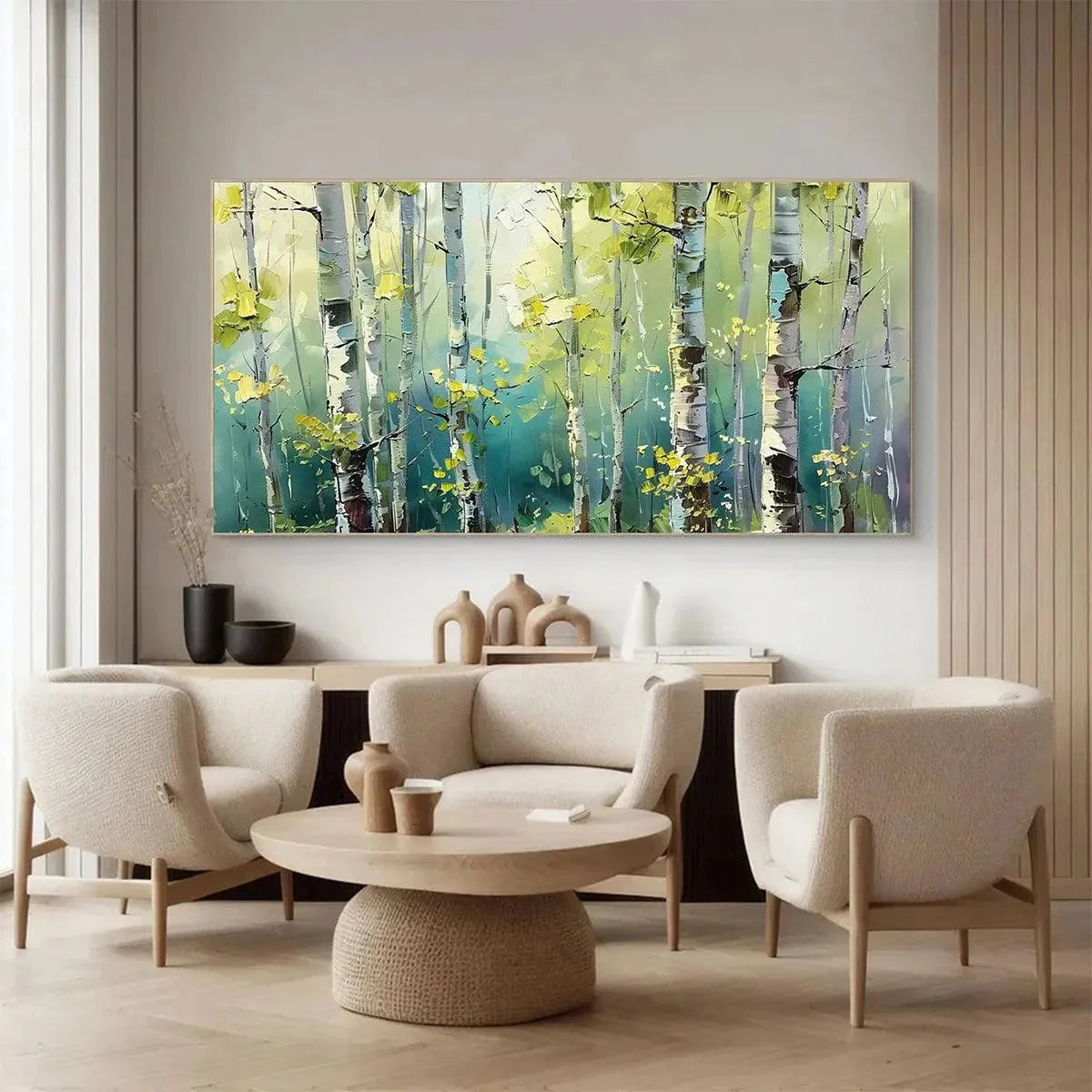 ASPEN GROVE: Textured Birch Tree Painting, Green and Yellow Forest Wall Art, Panoramic Canvas, Nature-Inspired Decor | gold frame stretched on neutral wall