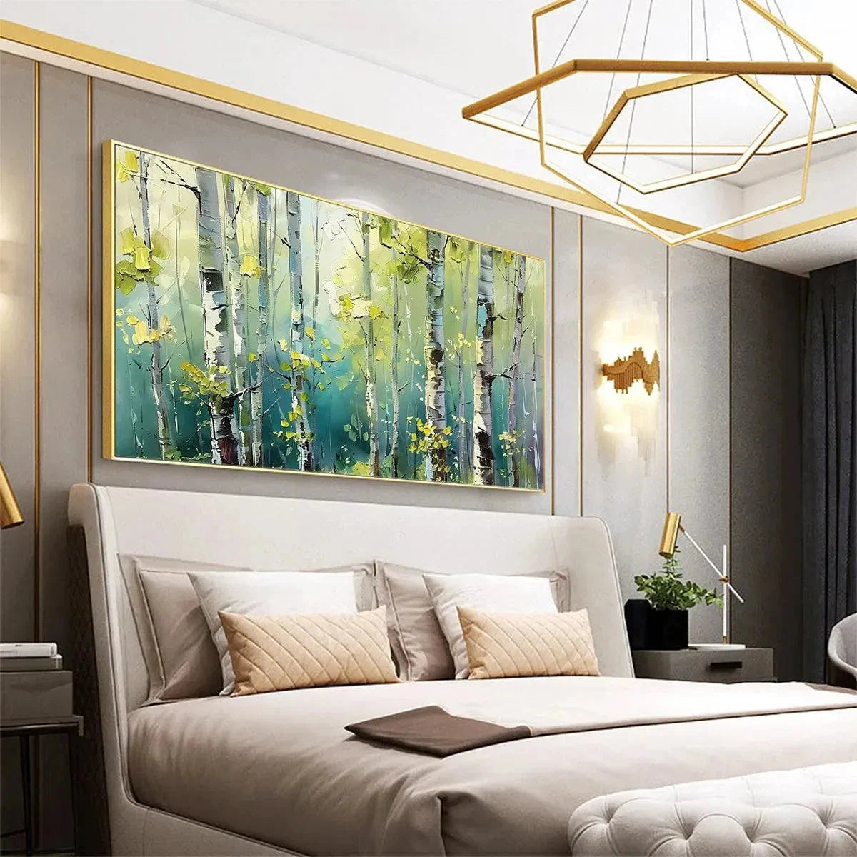 ASPEN GROVE: Textured Birch Tree Painting, Green and Yellow Forest Wall Art, Panoramic Canvas, Nature-Inspired Decor | rolled canvas, ready for custom framing