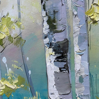 ASPEN GROVE: Textured Birch Tree Painting, Green and Yellow Forest Wall Art, Panoramic Canvas, Nature-Inspired Decor | black frame version on white wall