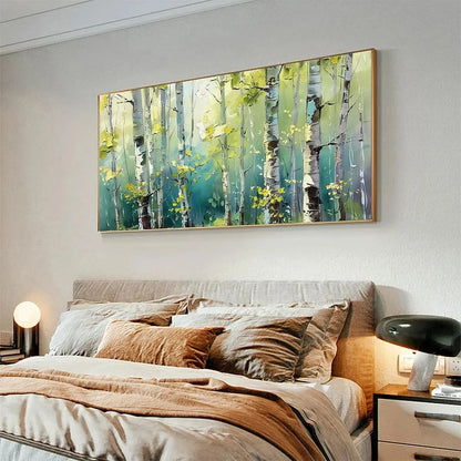 ASPEN GROVE: Textured Birch Tree Painting, Green and Yellow Forest Wall Art, Panoramic Canvas, Nature-Inspired Decor | Abstract mood, soft natural light studio shot