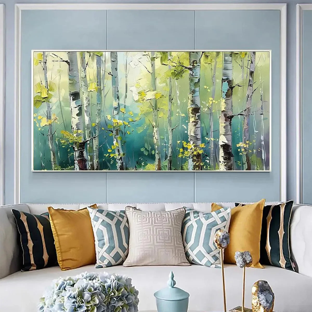 ASPEN GROVE: Textured Birch Tree Painting, Green and Yellow Forest Wall Art, Panoramic Canvas, Nature-Inspired Decor | green palette, original Hand-painted on premium stretched canvas using artist-...