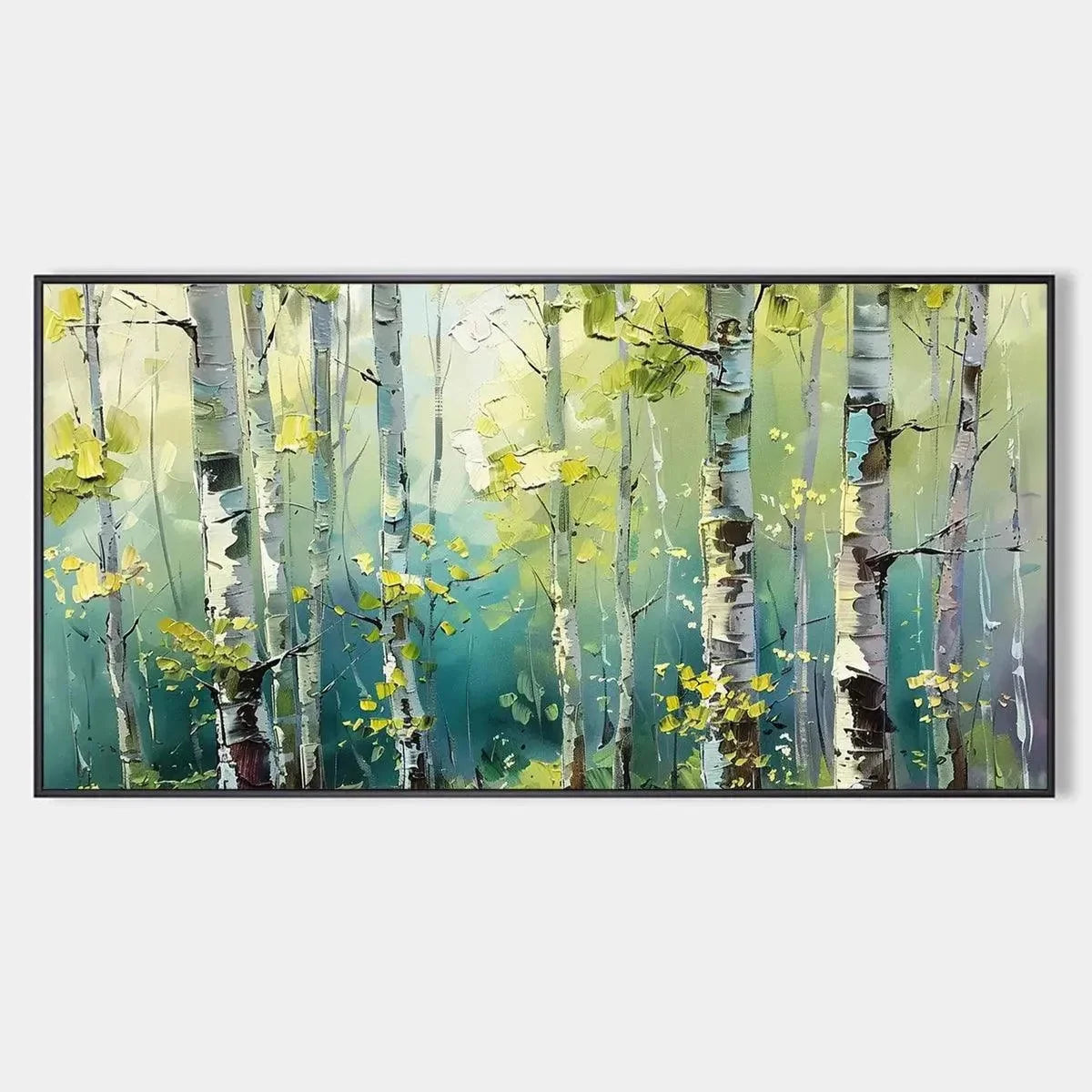 ASPEN GROVE: Textured Birch Tree Painting, Green and Yellow Forest Wall Art, Panoramic Canvas, Nature-Inspired Decor | hanging in ASPEN GROVE: Textured Birch Tree Painting, Green and Yellow Forest ...