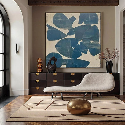 ASSEMBLAGE: Minimalist Blue and Beige Abstract Painting | gold frame stretched on neutral wall