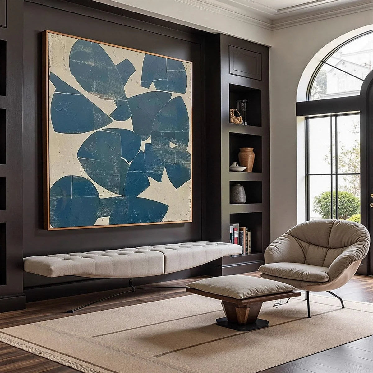 ASSEMBLAGE: Minimalist Blue and Beige Abstract Painting | minimalist mood, soft natural light studio shot