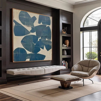 ASSEMBLAGE: Minimalist Blue and Beige Abstract Painting | minimalist mood, soft natural light studio shot