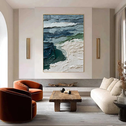 ATLANTIC CREST: Textured Wabi Sabi Seascape Impasto Oil Painting | Abstract closeup, raised brushwork detail