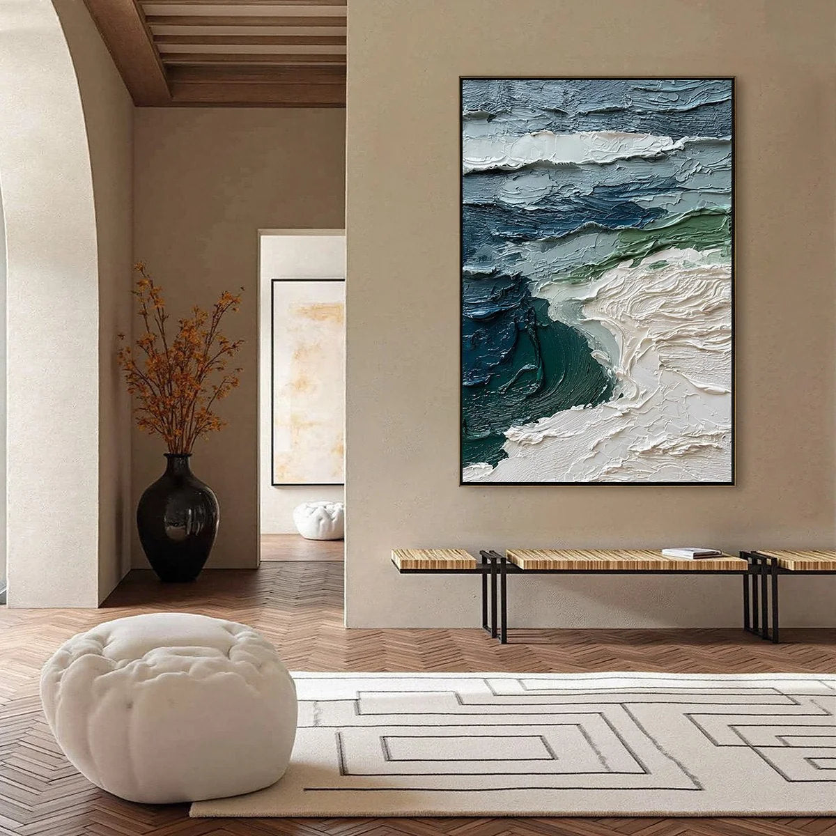 ATLANTIC CREST: Textured Wabi Sabi Seascape Impasto Oil Painting | gold frame stretched on neutral wall