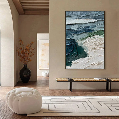 ATLANTIC CREST: Textured Wabi Sabi Seascape Impasto Oil Painting | gold frame stretched on neutral wall