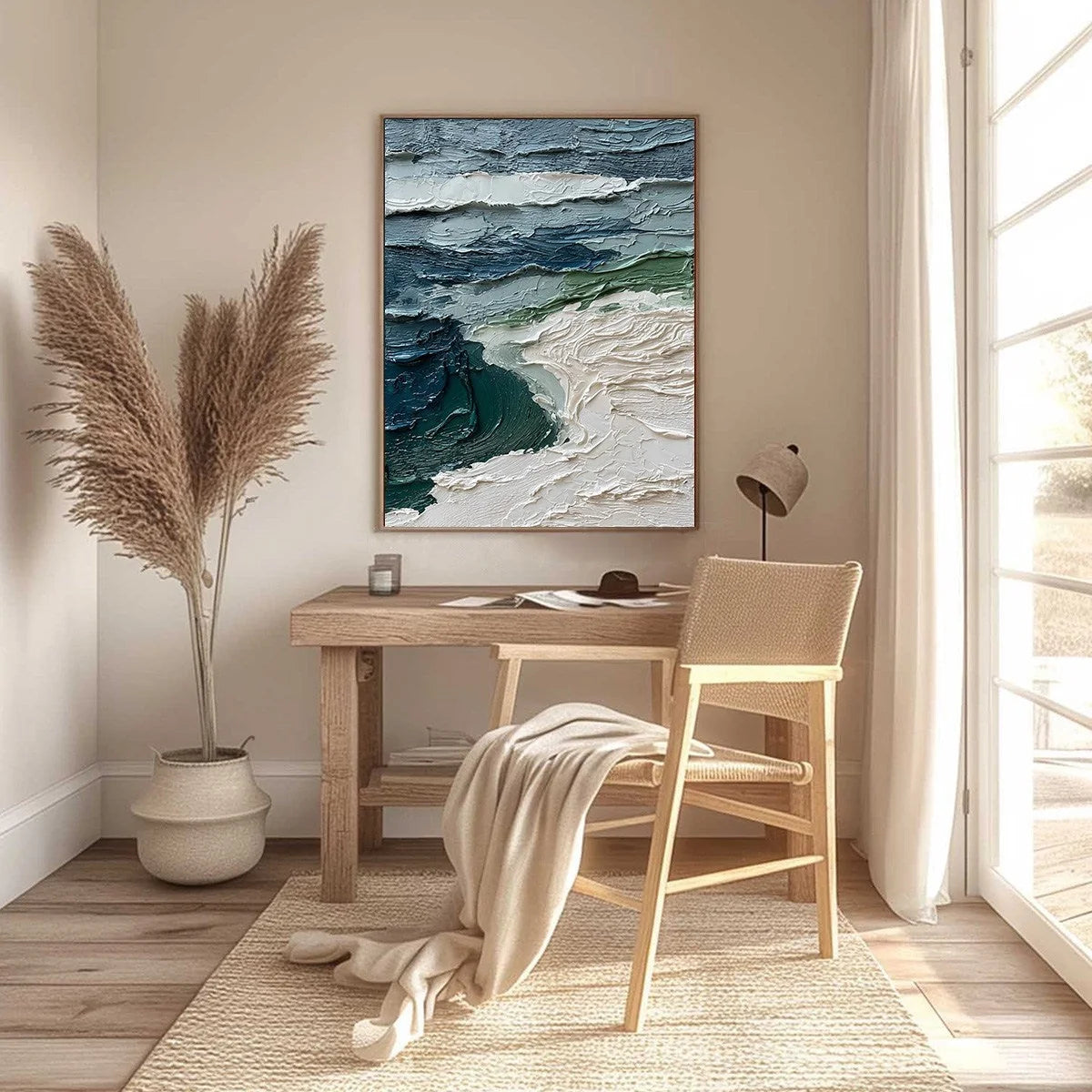 ATLANTIC CREST: Textured Wabi Sabi Seascape Impasto Oil Painting | black frame version on white wall