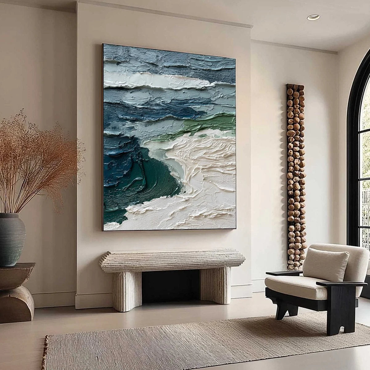 ATLANTIC CREST: Textured Wabi Sabi Seascape Impasto Oil Painting | beige palette, original Hand-painted on premium stretched canvas using artist-grade oils; rich layered surface combines smooth gra...