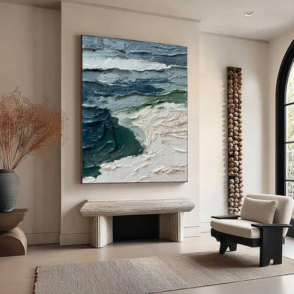 ATLANTIC CREST: Textured Wabi Sabi Seascape Impasto Oil Painting | beige palette, original Hand-painted on premium stretched canvas using artist-grade oils; rich layered surface combines smooth gra...