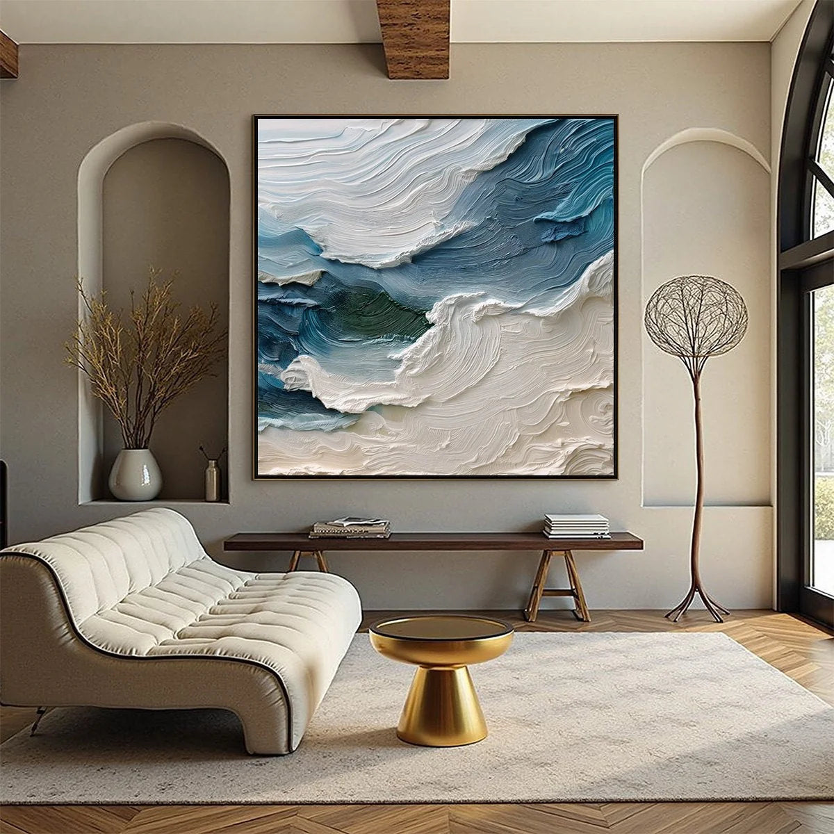 ATLANTIC SWELL: Heavily Textured Abstract Seascape Painting for Coastal Decor | gold frame stretched on neutral wall