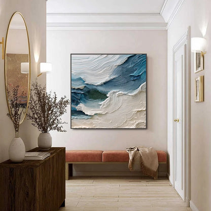 ATLANTIC SWELL: Heavily Textured Abstract Seascape Painting for Coastal Decor | black frame version on white wall