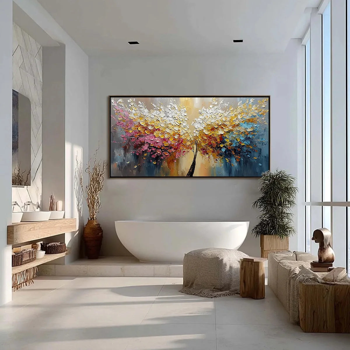 AURA BLOOM: Textured Palette Knife Tree of Life Painting | gold frame stretched on neutral wall