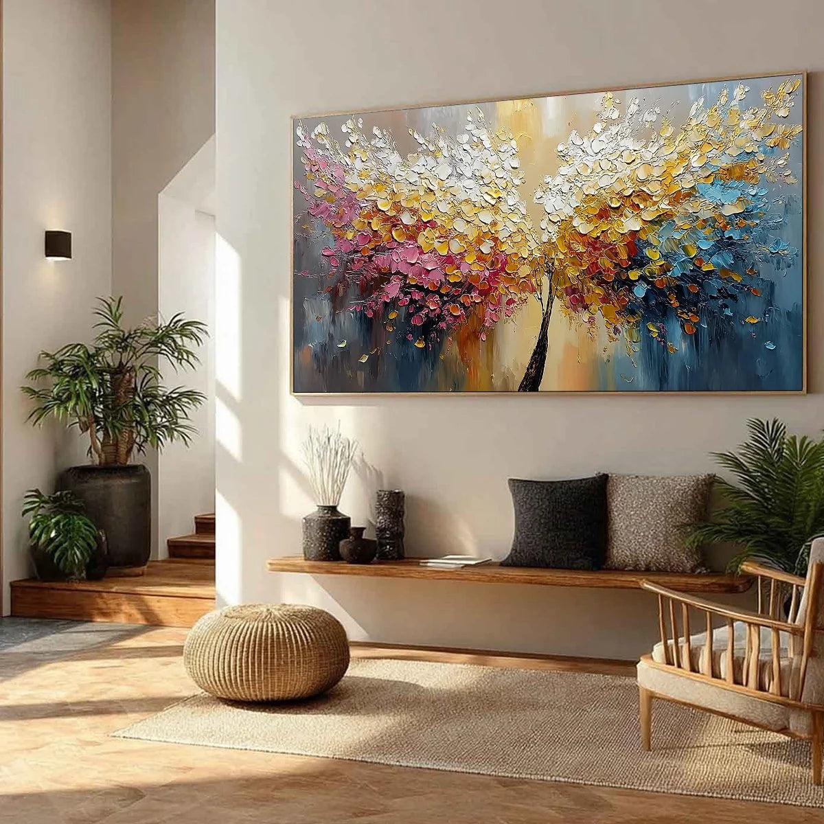 AURA BLOOM: Textured Palette Knife Tree of Life Painting | beige palette, original Hand-painted on premium stretched canvas using artist-grade oils; rich layered surface combines smooth gradients w...