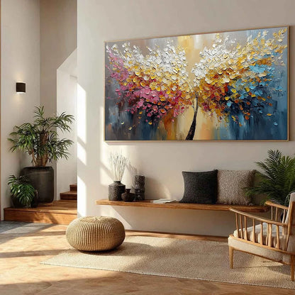 AURA BLOOM: Textured Palette Knife Tree of Life Painting | beige palette, original Hand-painted on premium stretched canvas using artist-grade oils; rich layered surface combines smooth gradients w...