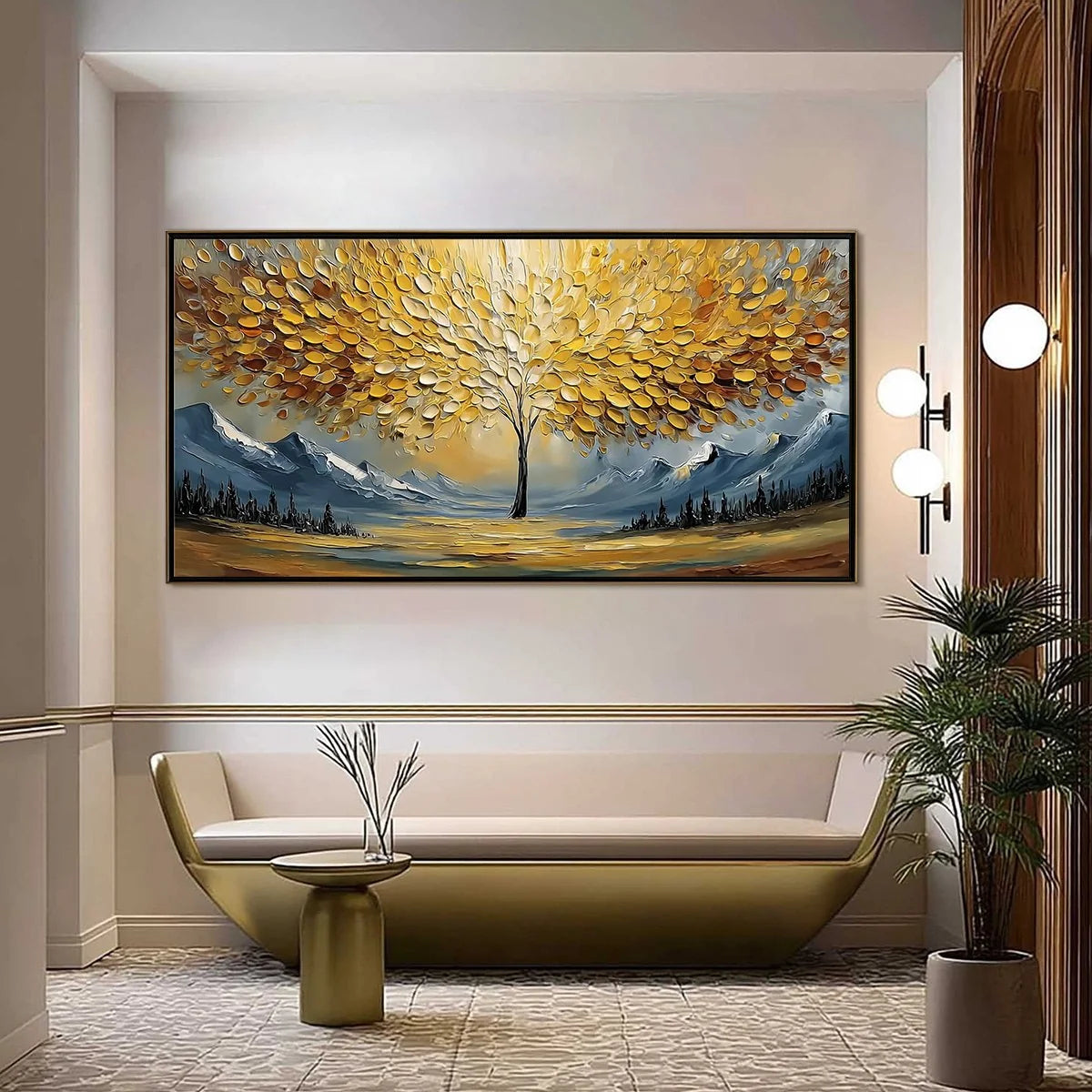 AURA OF GOLD: Textured Golden Tree of Life Landscape Painting | textured closeup, raised brushwork detail