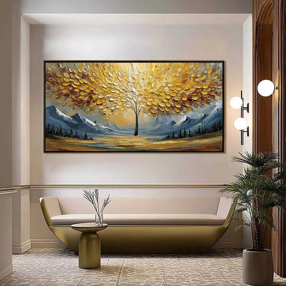 AURA OF GOLD: Textured Golden Tree of Life Landscape Painting | textured closeup, raised brushwork detail