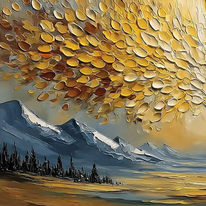 AURA OF GOLD: Textured Golden Tree of Life Landscape Painting | rectangular format, hand-painted canvas edge