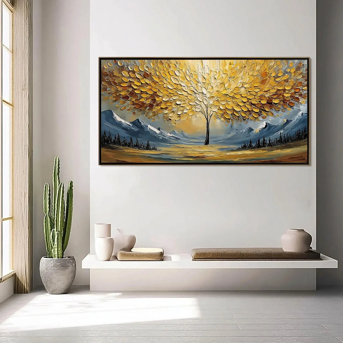 AURA OF GOLD: Textured Golden Tree of Life Landscape Painting | gold frame stretched on neutral wall