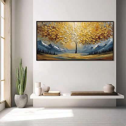 AURA OF GOLD: Textured Golden Tree of Life Landscape Painting | gold frame stretched on neutral wall