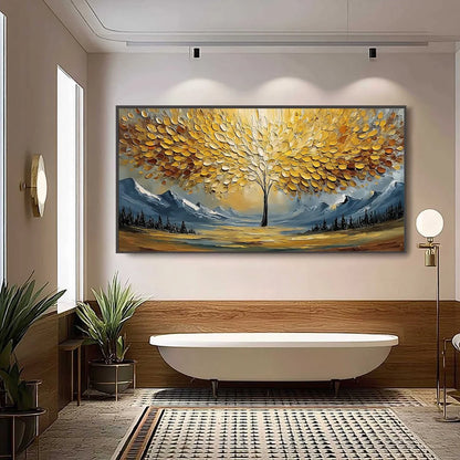 AURA OF GOLD: Textured Golden Tree of Life Landscape Painting | black frame version on white wall