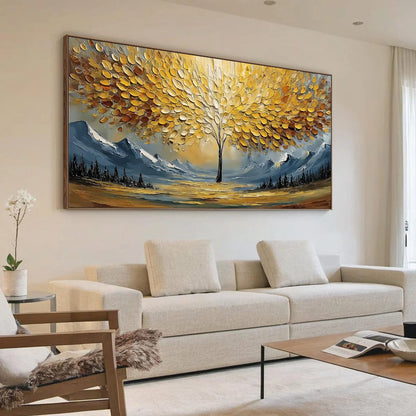 AURA OF GOLD: Textured Golden Tree of Life Landscape Painting | textured mood, soft natural light studio shot