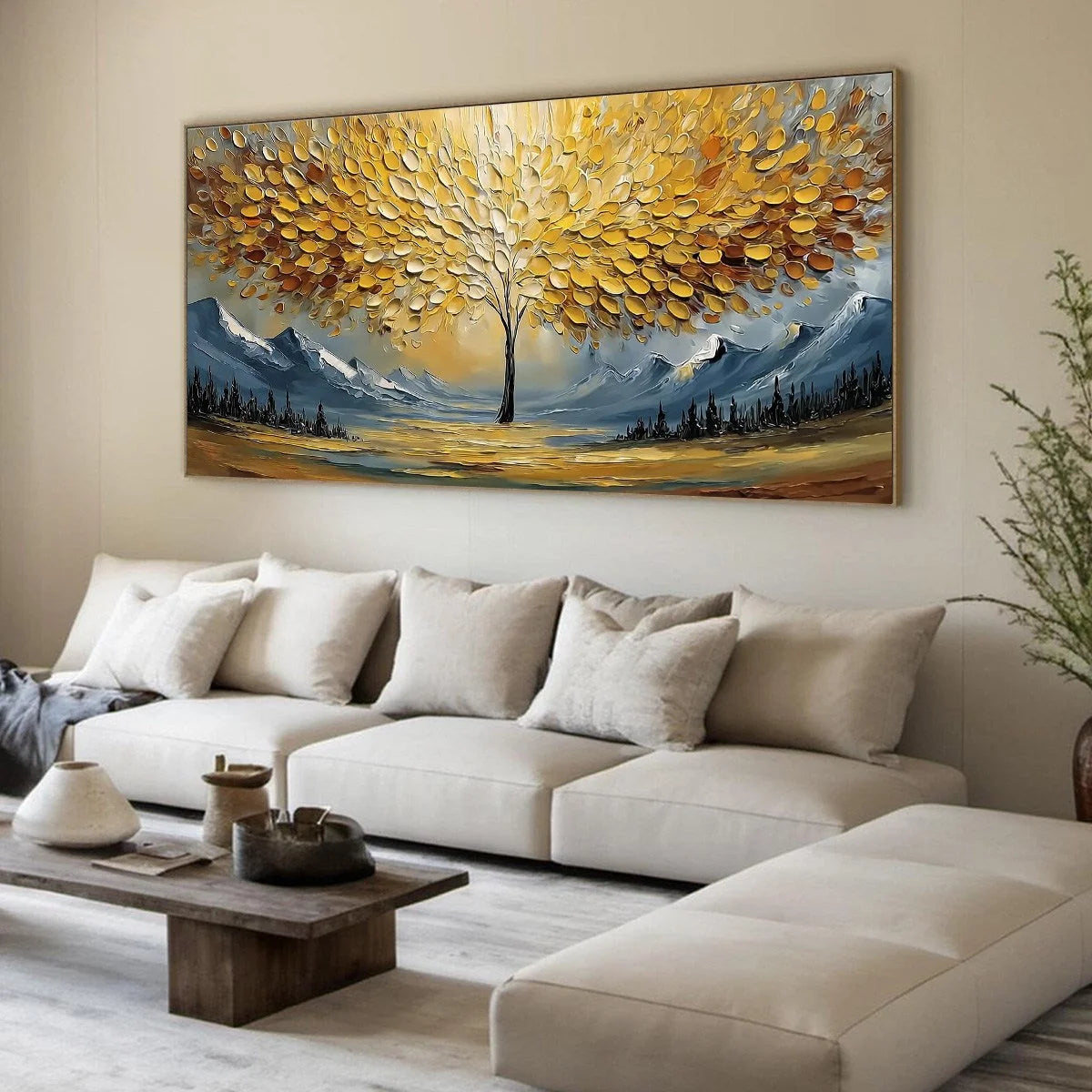 AURA OF GOLD: Textured Golden Tree of Life Landscape Painting | golden palette, original bedroom art