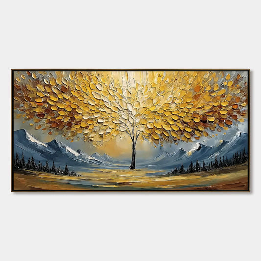 AURA OF GOLD: Textured Golden Tree of Life Landscape Painting | hanging in living room, textured wall art