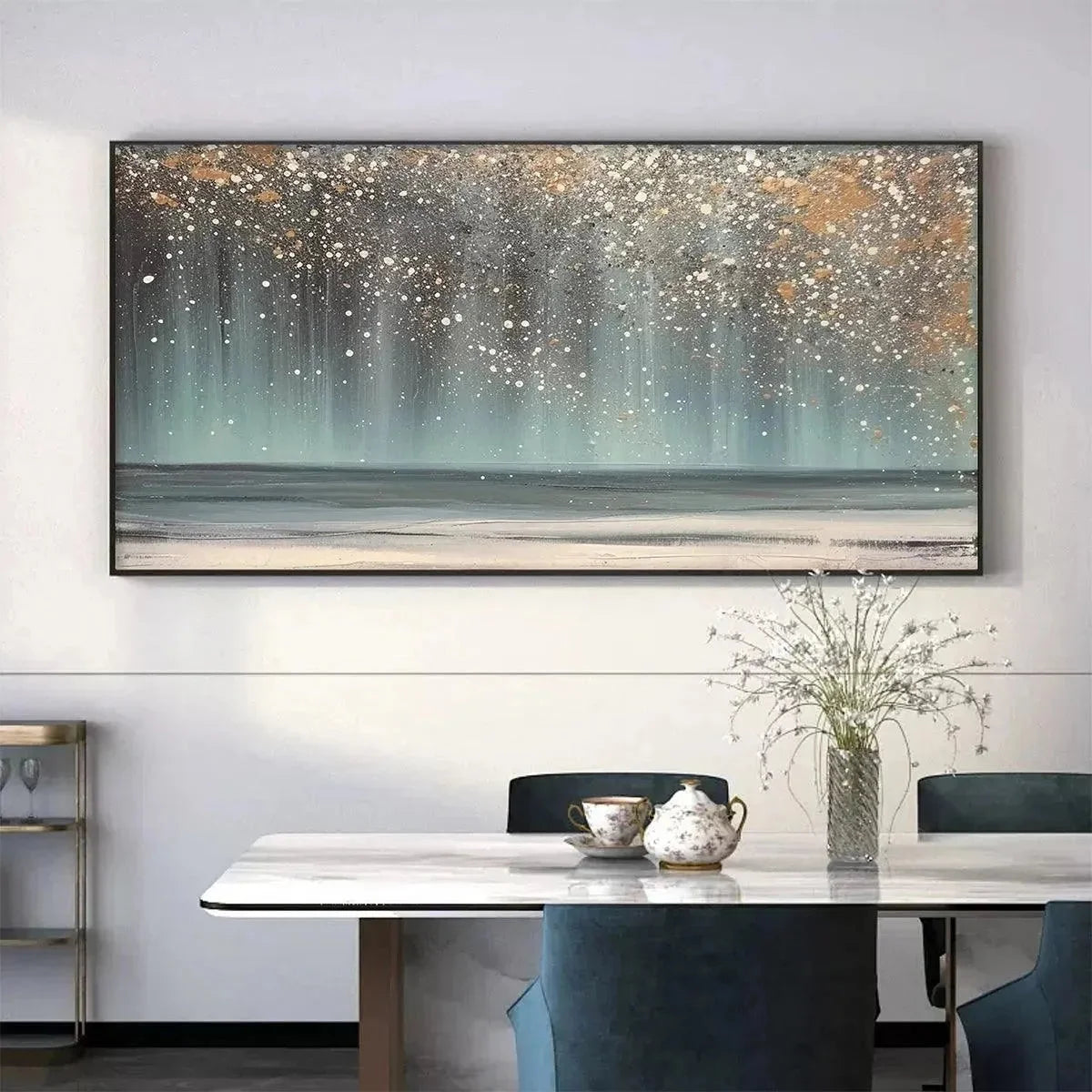 AURORA DUST: Textured Abstract Ocean Painting with Gold Accents | Abstract closeup, raised brushwork detail