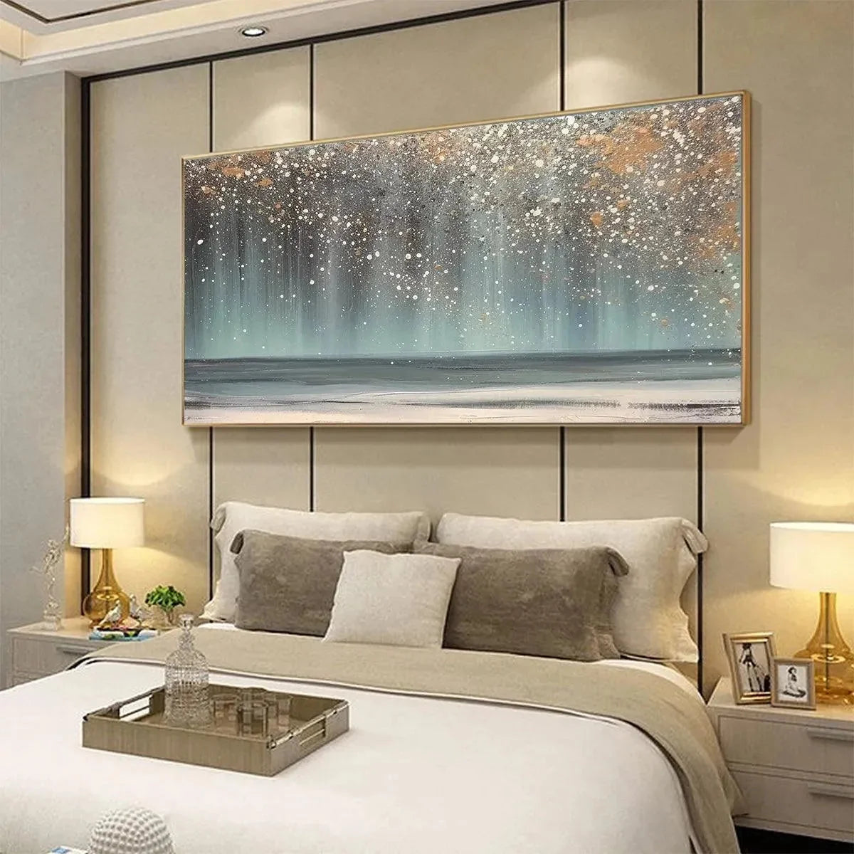 AURORA DUST: Textured Abstract Ocean Painting with Gold Accents | gold frame stretched on neutral wall
